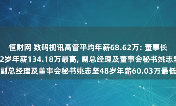 恒财网 数码视讯高管平均年薪68.62万: 董事长及非独立董事郑海涛62岁年薪134.18万最高, 副总经理及董事会秘书姚志坚48岁年薪60.03万最低